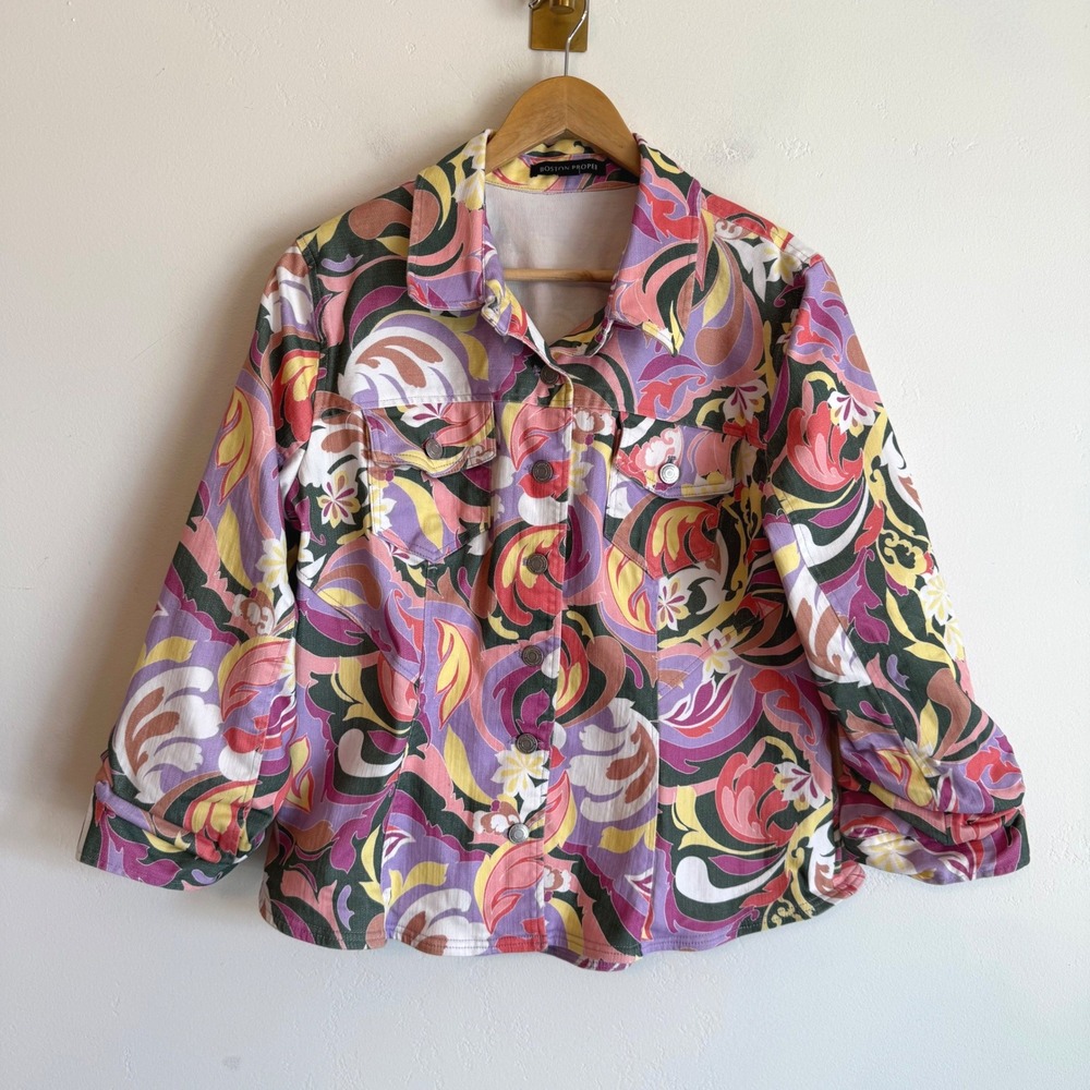 Boston Proper Floral Paisley Denim Jacket XL Pink Purple Retro Artsy Psychedelic